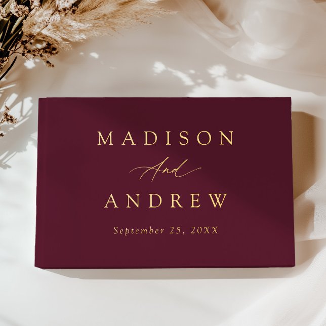 Elegant Burgundy and Gold Foil Calligraphy Wedding Guest Book (Creator Uploaded)