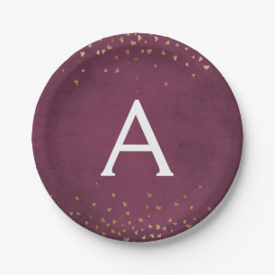 Elegant Burgundy and Gold Foil Confetti Monogram Paper Plate