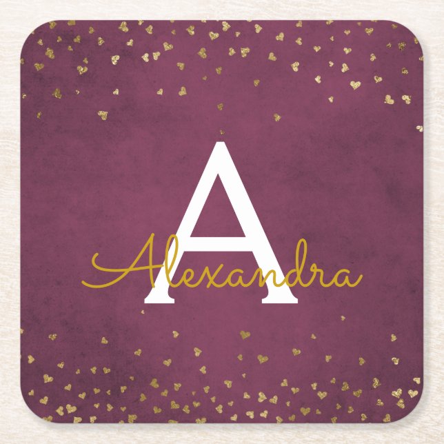 Elegant Burgundy and Gold Foil Confetti Monogram Square Paper Coaster (Front)