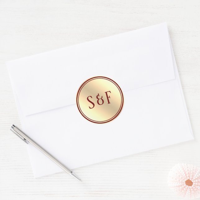 Elegant Burgundy and Gold Foil Monogram Classic Round Sticker (Envelope)