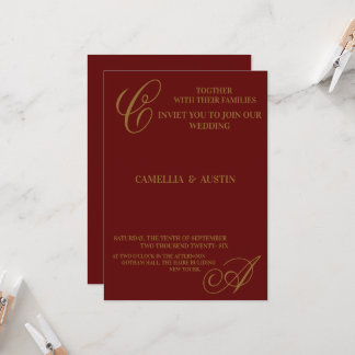 Elegant Burgundy and Gold Foil Monogram Invitation