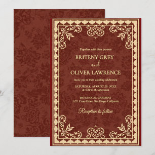 Elegant Burgundy and Gold Foil Ornate Wedding Invitation