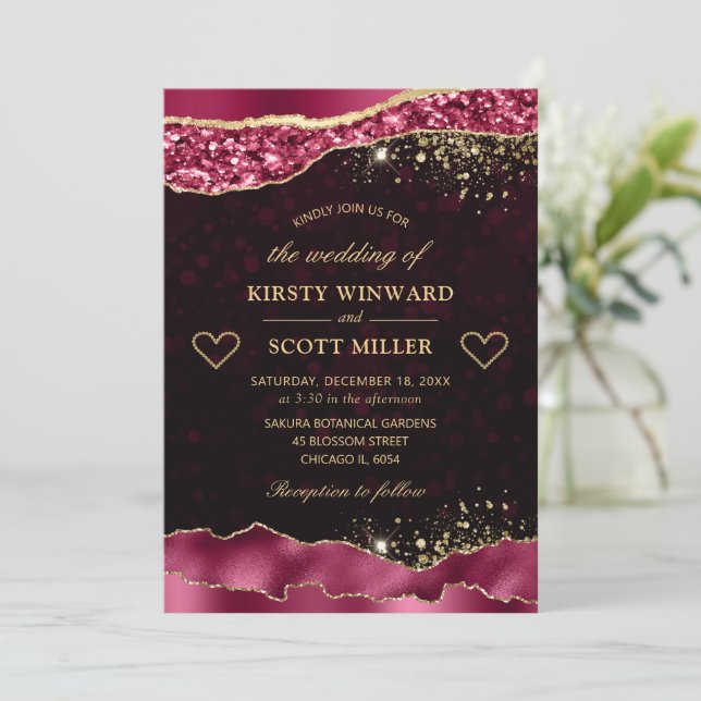 Elegant Burgundy and Gold Glam Tears Edges Wedding Invitation (Standing Front)