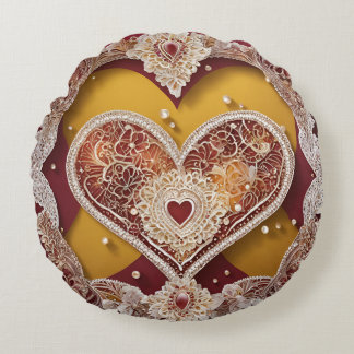Elegant Burgundy and Gold Lace Heart Round Cushion