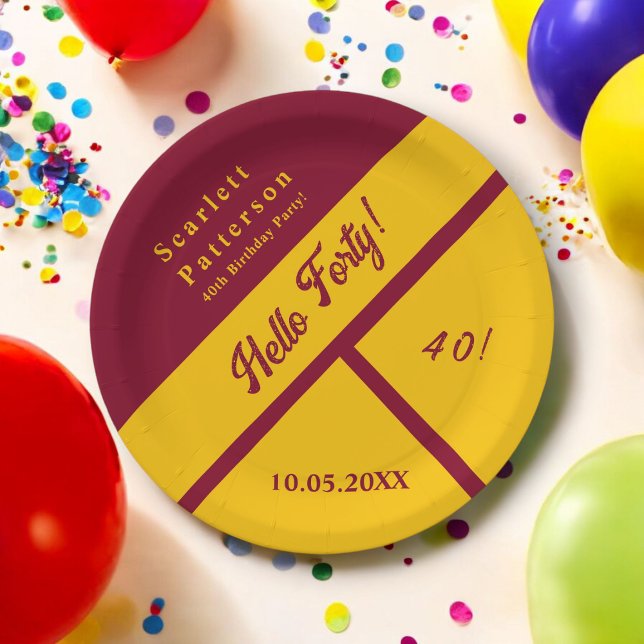 Elegant Burgundy And Gold Luxury 40th Birthday Paper Plate (Creator Uploaded)