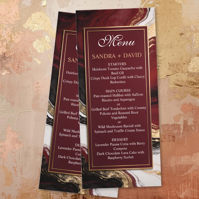 Elegant Burgundy and Gold Marble Wedding Menu (Creator Uploaded)