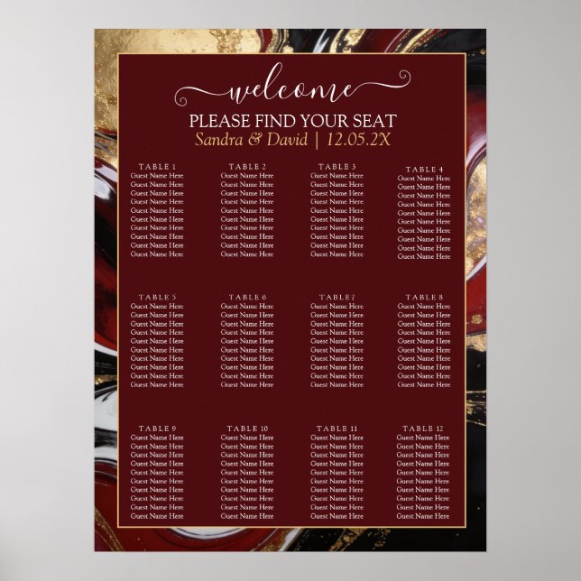 Elegant Burgundy and Gold Marble Wedding Poster (Front)