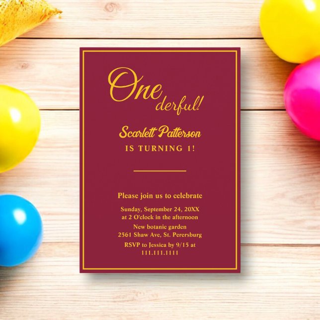 Elegant Burgundy And Gold Minimal 1st Birthday Invitation (Creator Uploaded)