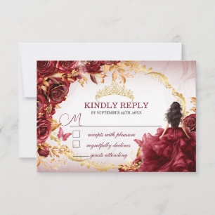 Elegant Burgundy and Gold Roses Quinceañera RSVP   Card