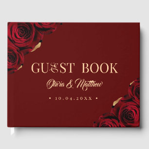 Elegant Burgundy and Gold Roses Wedding Guest Book
