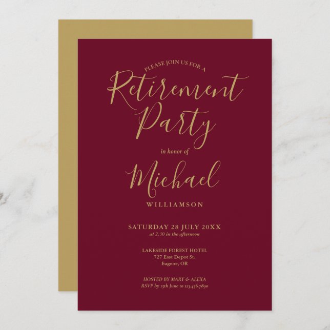 Elegant Burgundy And Gold Script Retirement Party Invitation (Front/Back)