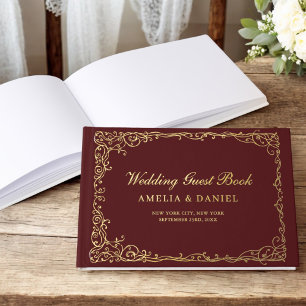Elegant Burgundy and Gold Vintage Floral Guest Book