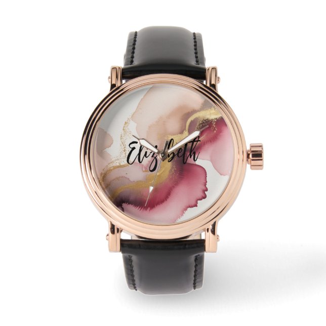 Elegant Burgundy and Gold Watercolor Art Watch (Front)