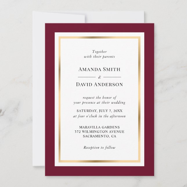 Elegant Burgundy and Gold Wedding Invitation (Front)