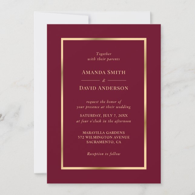 Elegant Burgundy and Gold Wedding Invitation (Front)