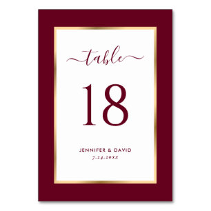 Elegant Burgundy and Gold Wedding Table Number