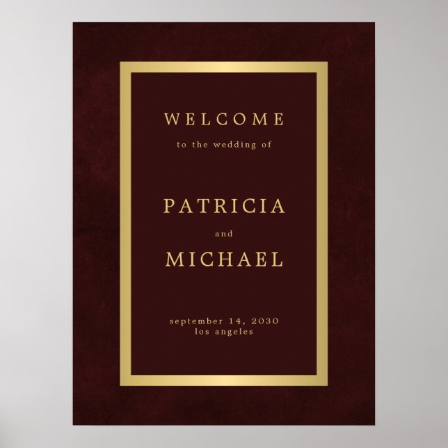 Elegant burgundy and gold wedding welcome sign (Front)