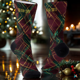 Elegant Burgundy and Green Christmas Plaid Custom Socks