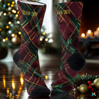 Elegant Burgundy and Green Christmas Plaid Custom Socks