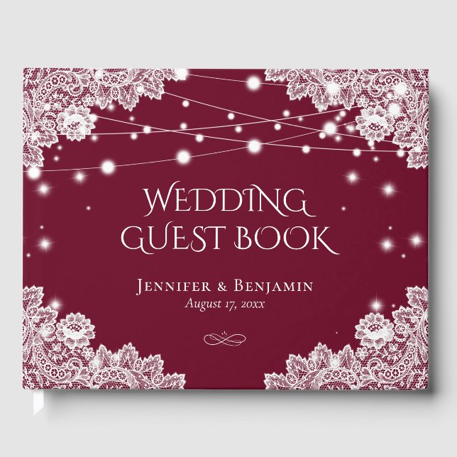 Elegant Burgundy and Lace Wedding Guest Book (Front)