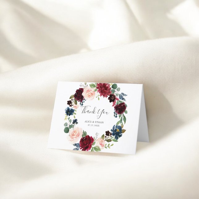 Elegant Burgundy And Navy Blue Floral Wedding Thank You Card (Creator Uploaded)