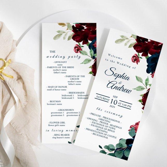 Elegant Burgundy and Navy Blue Flowers Wedding Programme (Creator Uploaded)