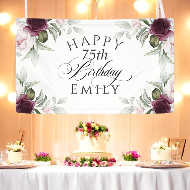 Elegant Burgundy and Pink Floral 75th Birthday Banner (Creator Uploaded)