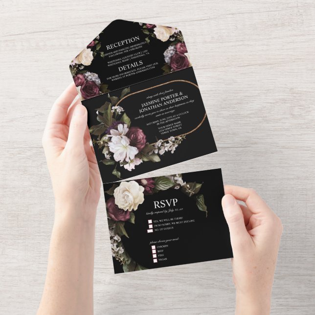 Elegant Burgundy and Pink Floral Wedding All In One Invitation (Tearaway)