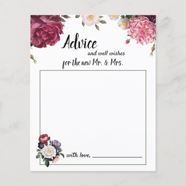 Elegant Burgundy and Pink Flowers Advice Card (Front)