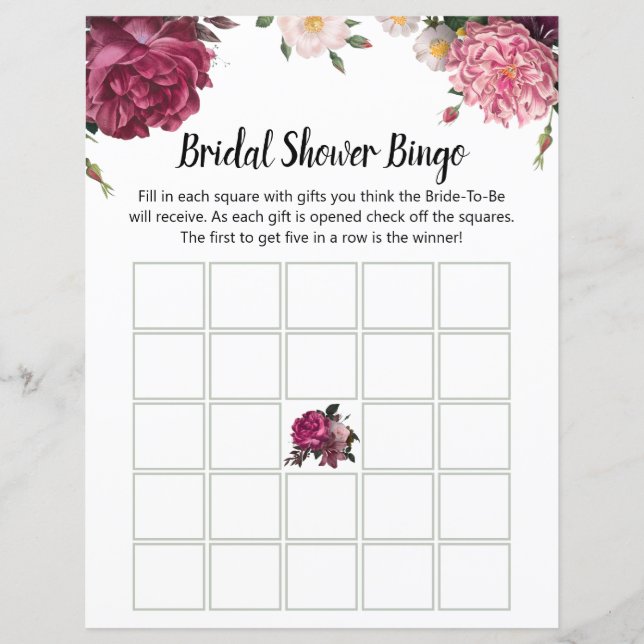 Elegant Burgundy and Pink Flowers Bridal Bingo (Front)