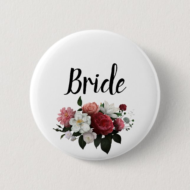 Elegant Burgundy and Pink Flowers Bride 6 Cm Round Badge (Front)