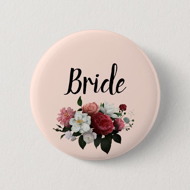 Elegant Burgundy and Pink Flowers Bride 6 Cm Round Badge (Front)