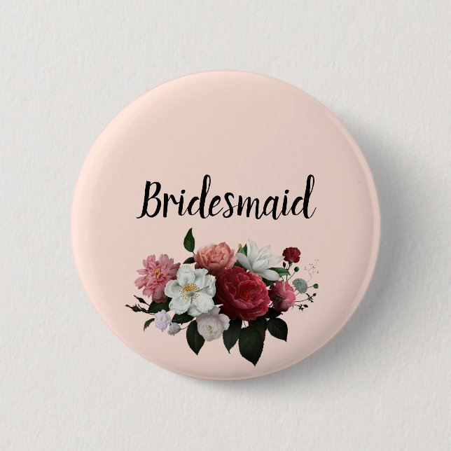 Elegant Burgundy and Pink Flowers Bridesmaid 6 Cm Round Badge (Front)