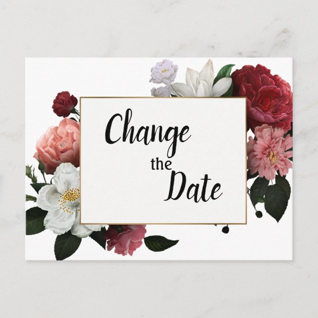 Elegant Burgundy and Pink Flowers Change the Date Postcard (Front)