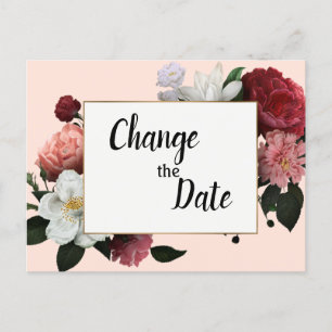 Elegant Burgundy and Pink Flowers Change the Date Postcard
