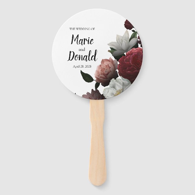 Elegant Burgundy and Pink Flowers Program Hand Fan (Front)