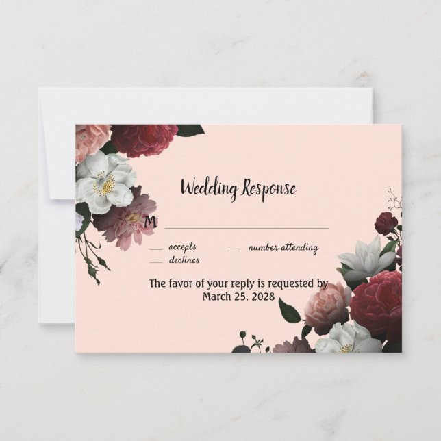 Elegant Burgundy and Pink Flowers RSVP Card (Front)