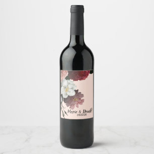 Elegant Burgundy and Pink Flowers Wine Label