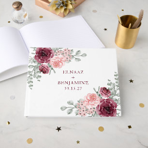 Elegant Burgundy and Pink Rose Watercolor Wedding  Guest Book