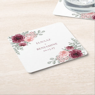 Elegant Burgundy and Pink Rose Watercolor Wedding Square Paper Coaster