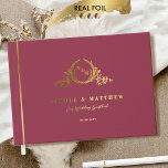 Elegant Burgundy and Real Foil Monogram Wedding Guest Book<br><div class="desc">Personalise this elegant monogrammed wedding guestbook featuring real gold, silver, or rose gold foil on exquisite monogram and front, spine, and back text. Burgundy cover background colour in luxurious velvety-soft texture, and beautiful modern calligraphy details in a clean, minimal, and sleek style. Three size options with three inside paper-type choices....</div>