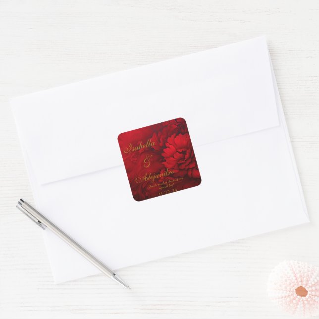 Elegant Burgundy and Red Floral Wedding  Square Sticker (Envelope)