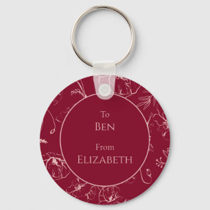 Elegant Burgundy and Rose Botanical Holiday Gift Key Ring