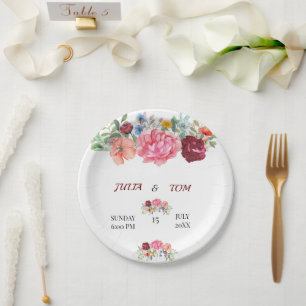 Elegant Burgundy and Rosy Floral Paper Plate