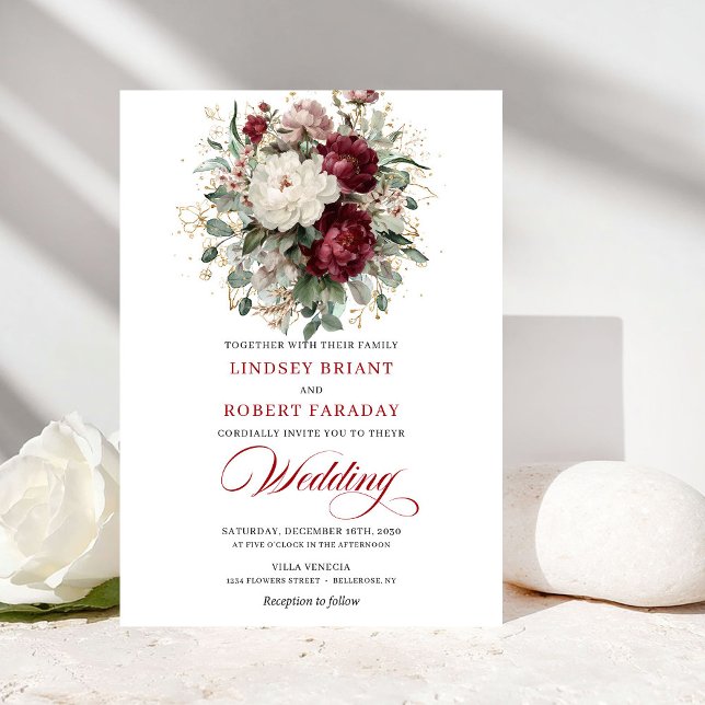 Elegant Burgundy and White Flowers Wedding Invite (Elegant Burgundy and White Flowers Wedding Invitation)