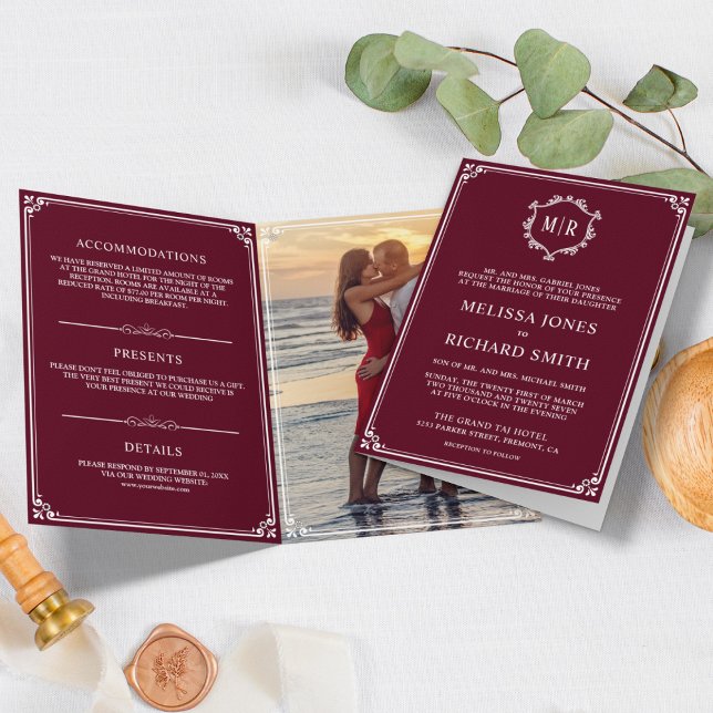 Elegant Burgundy and White Monogram Wedding Invitation (Creator Uploaded)