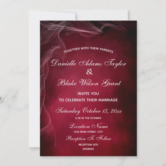 Elegant Burgundy and White Wispy Wedding Invitation (Front)