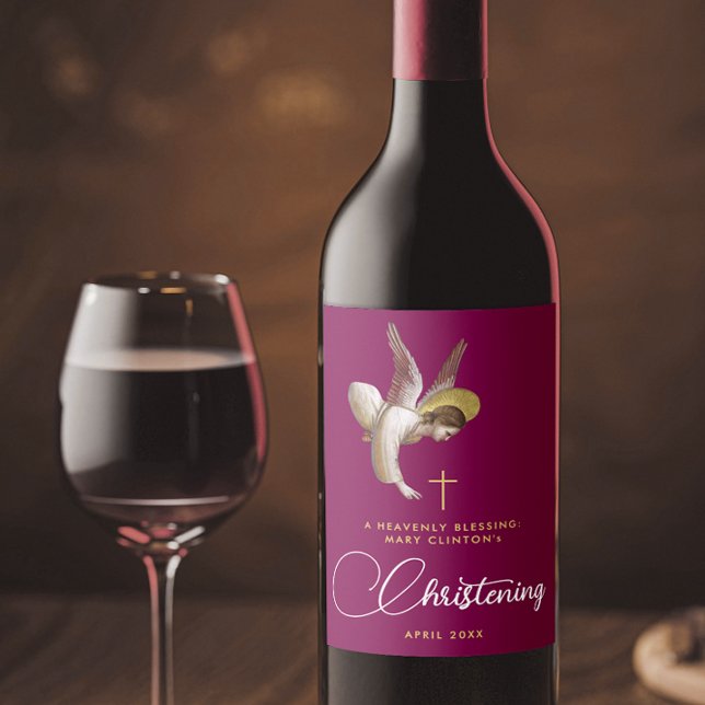 Elegant Burgundy Angel Bless Religious Christening Wine Label (Creator Uploaded)