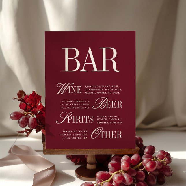 Elegant Burgundy Bar Menu Drinks Wedding Tabletop  (Elegant Burgundy Bar Menu Drinks Wedding Tabletop)
