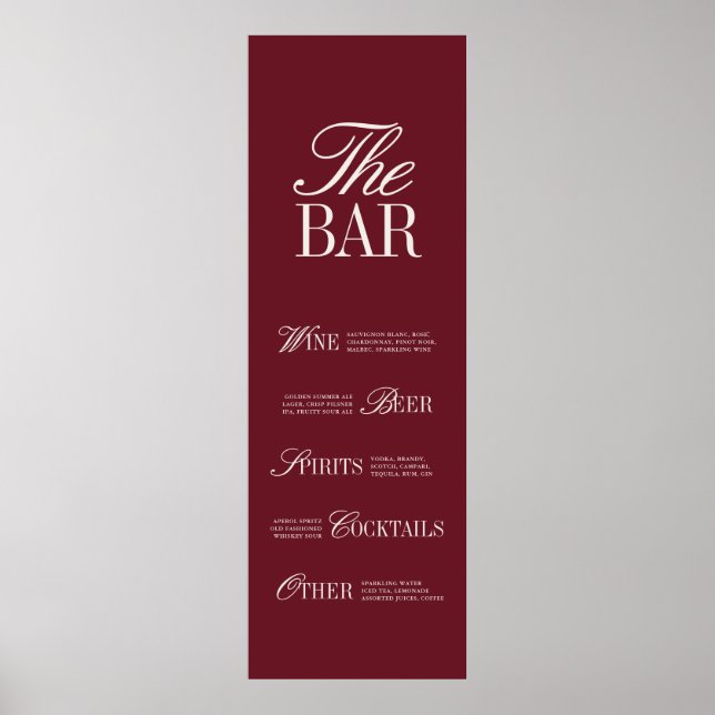 Elegant Burgundy Bar Menu Poster Reception Decor (Front)